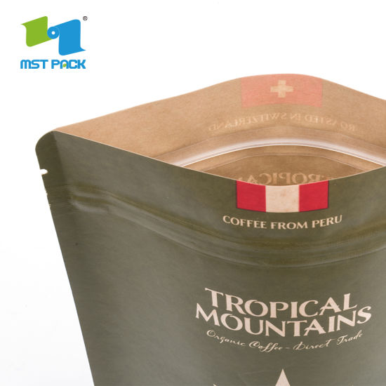 定制标志印刷站立食品包装层压棕色可生物降解咖啡袋纸牛皮纸阀门和自封